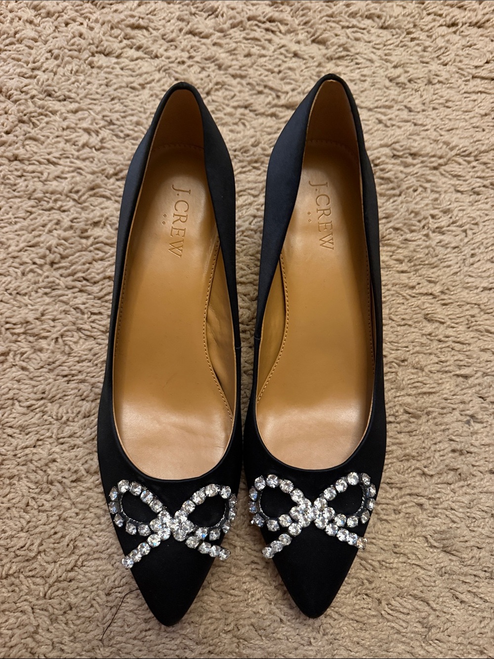 J. Crew Black Satin Pointed Flats with Crystal Bow Embellishment